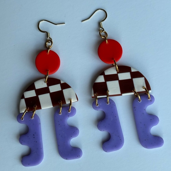 Dangly Clay Checkerboard Earrings - Picture 3 of 4